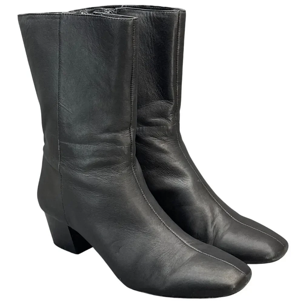 Antonio Melani Black Leather Block Heel Side Zip Ankle Boot Women 8